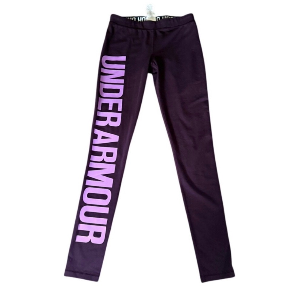 Under Armour HeatGear Womens Purple Graphic Logo Athletic Leggings Size Small